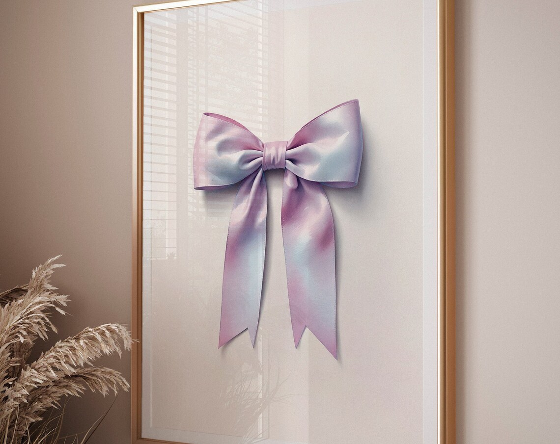 Pastel Pink Iridescent Satin Ribbon Bow Flat Lay Style Art Poster - Image 3