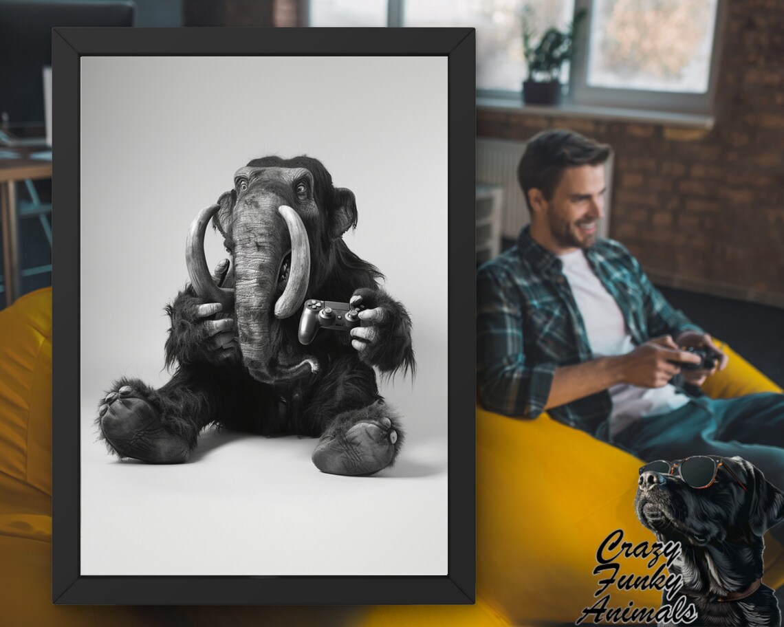 Funny Mammoth Poster Mammoth With Controller Gamer Gift Humorous Animal Art Wall Decor For Gaming Rooms - Image 3