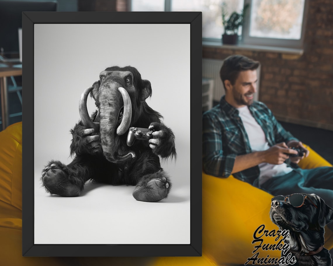 Woolly Mammoth Gamer Holding a Video Game Controller Funny Poster - Image 3
