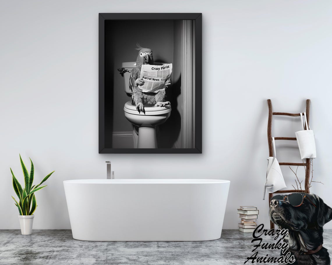 Grey Parrot Reading a Newspaper on the Toilet Funny Bathroom Poster - Image 3