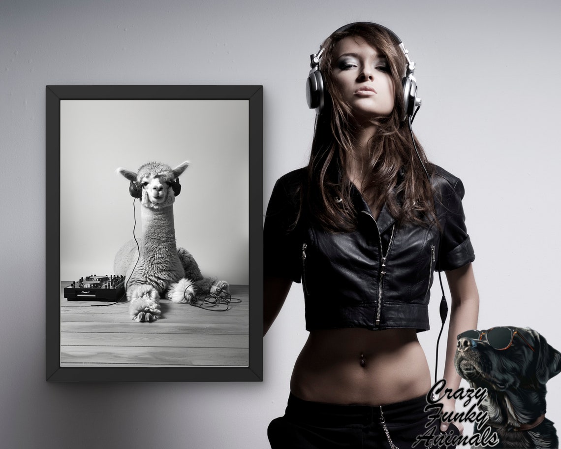 Funny Alpaca DJ with Headphones Beside a Music Mixer Deck Poster - Image 3