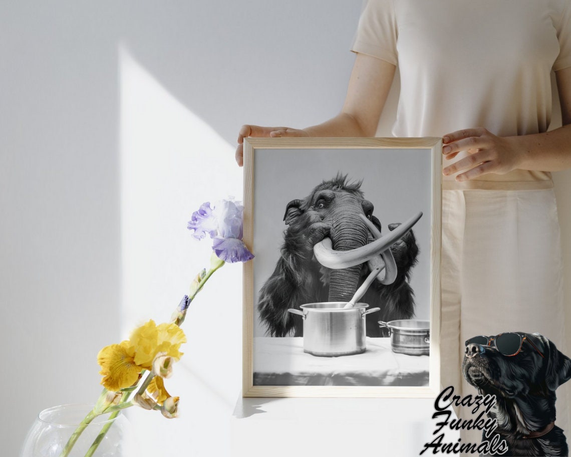 Woolly Mammoth Chef Stirring Cooking Pots Funny Animal Poster - Image 3