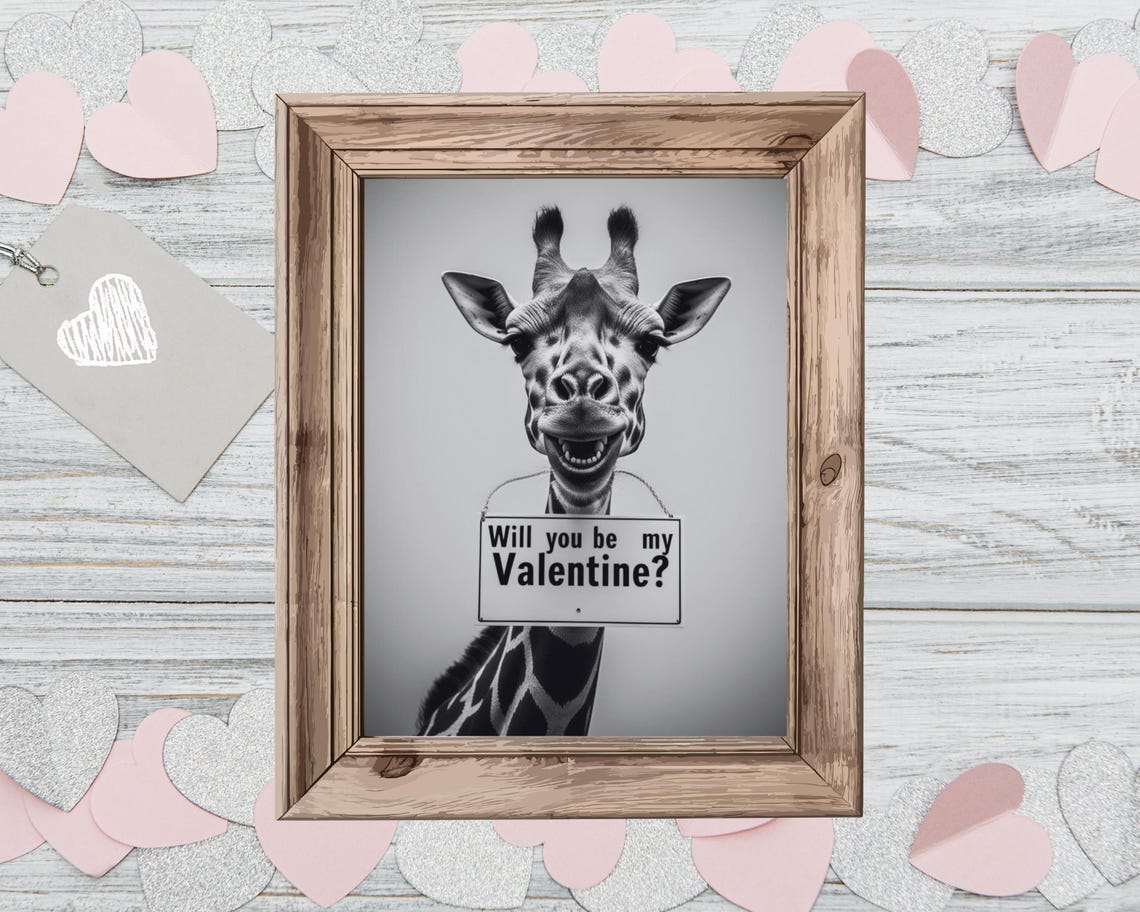 Smiling Giraffe Holding Will You Be My Valentine Sign Funny Poster