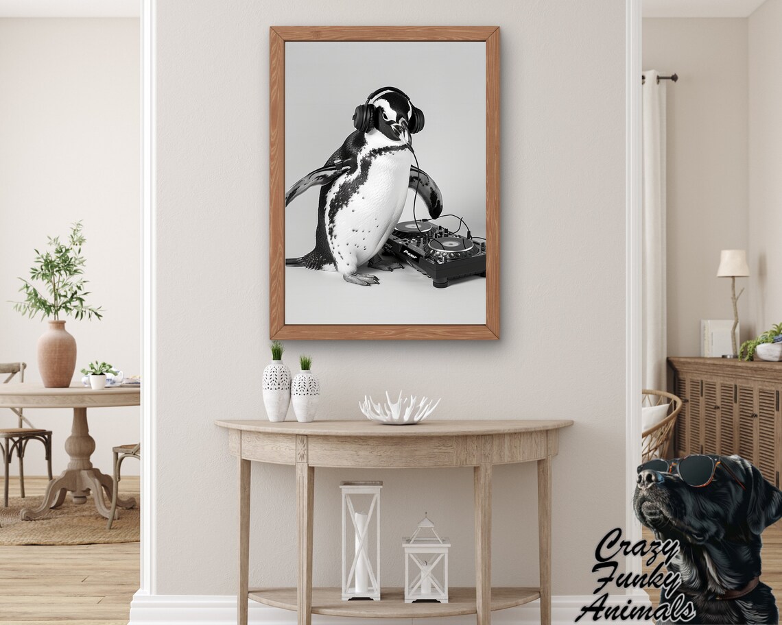 Penguin DJ Wearing Big Headphones at the Turntable Funny Poster - Image 2