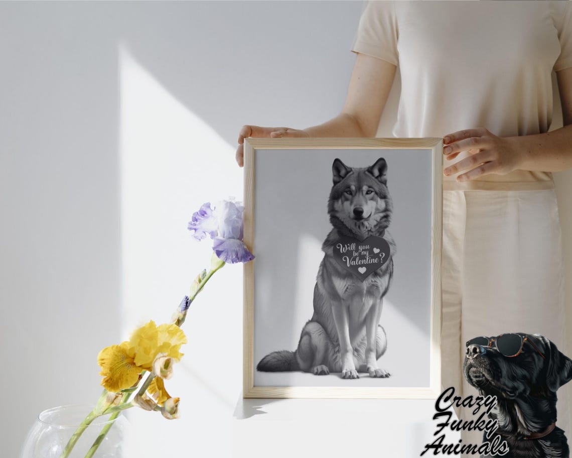 Wolf Holding Will You Be My Valentine Heart Sign Funny Poster - Image 3