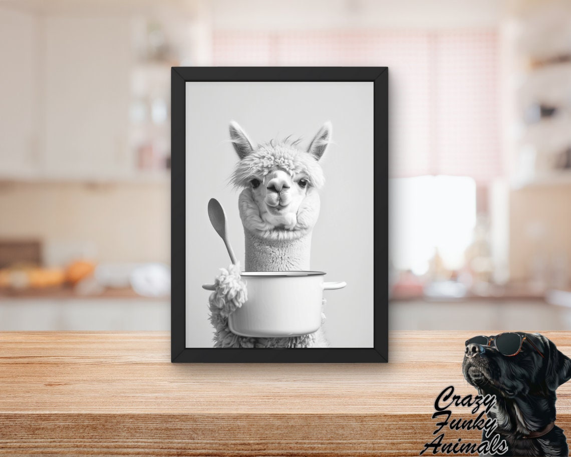 Funny Alpaca Cooking with a White Pot and Wooden Spoon Poster - Image 2
