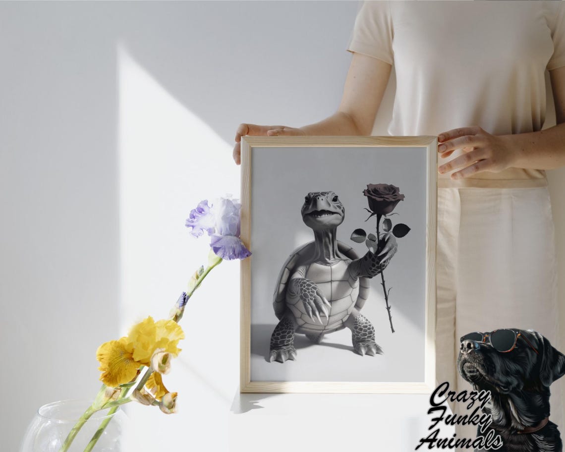 Smiling Turtle Holding a Red Rose Valentine Black and White Poster - Image 3