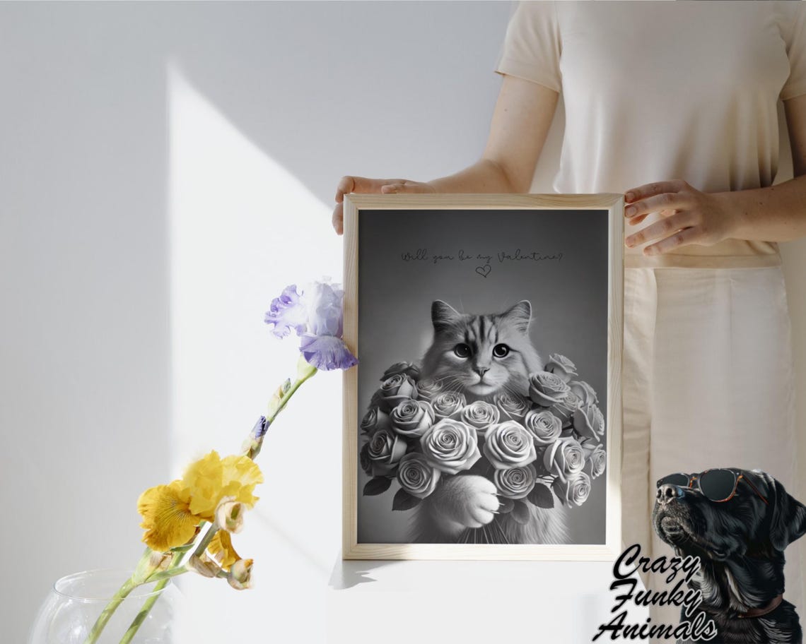 Cat Holding a Big Bouquet of Roses Will You Be My Valentine Poster - Image 3