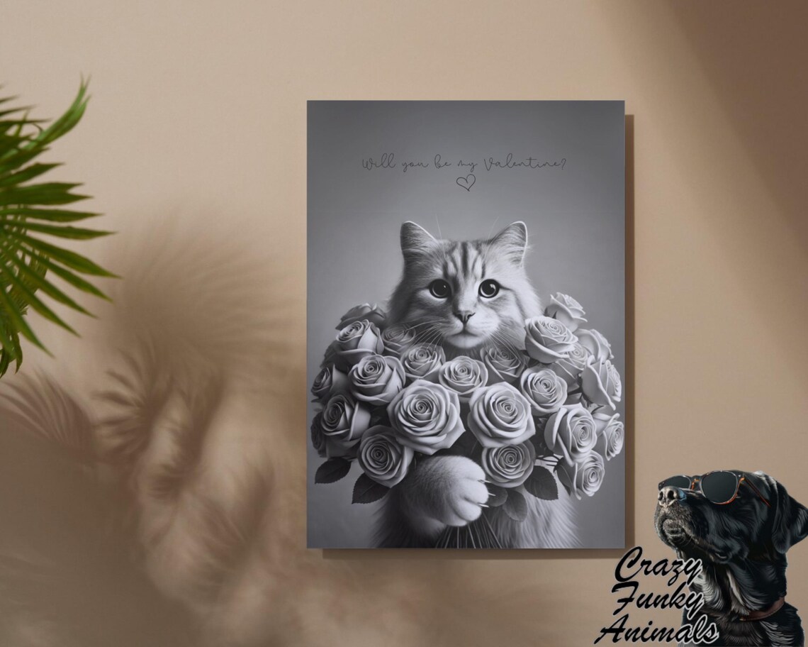 Cat Holding a Big Bouquet of Roses Will You Be My Valentine Poster - Image 2