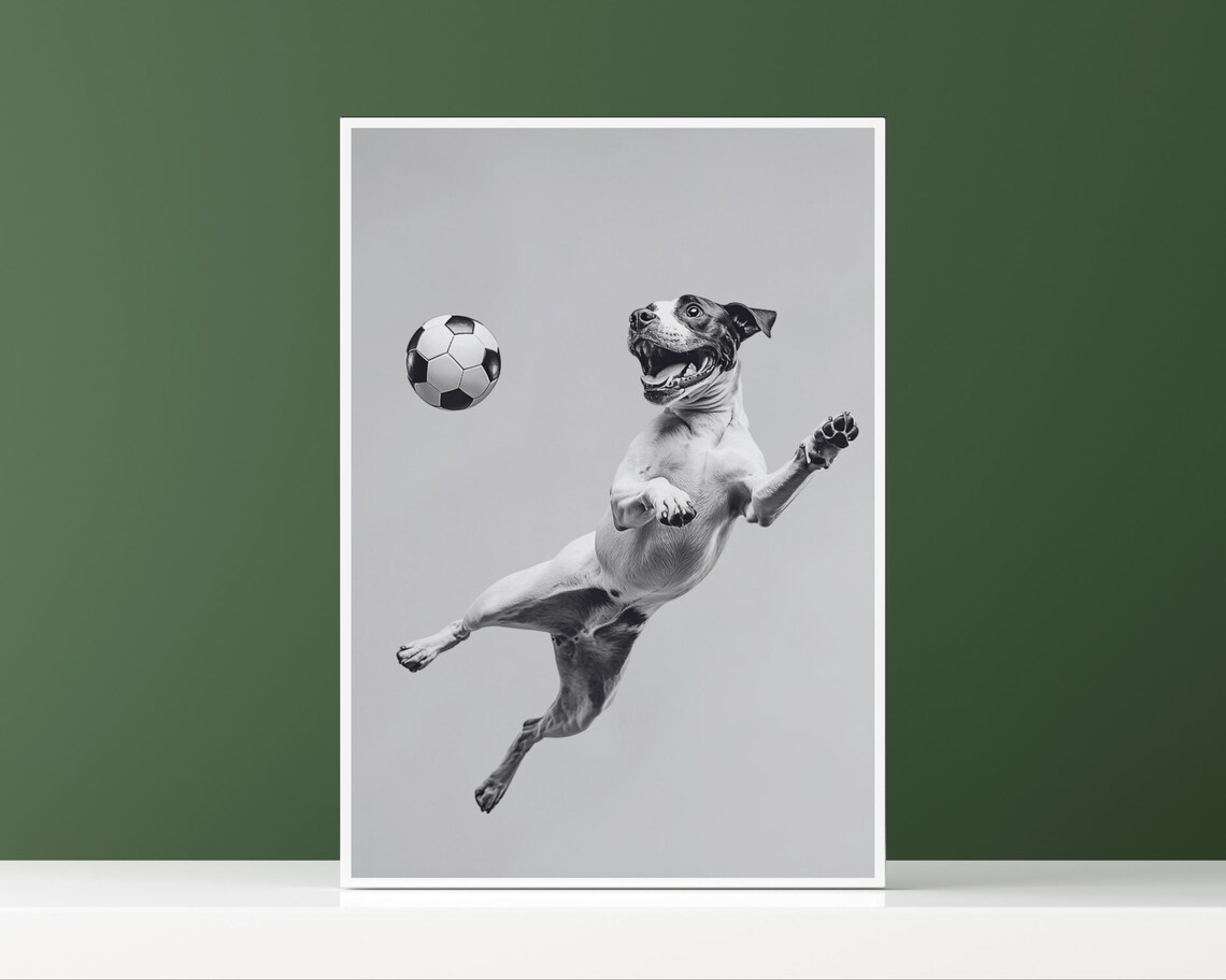 Playful Dog Jumping to Head a Soccer Ball Funny Sports Poster - Image 3