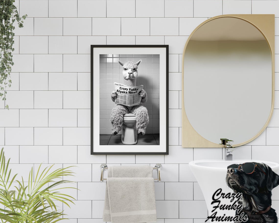 Alpaca Reading a Newspaper on the Toilet Funny Bathroom Poster - Image 2