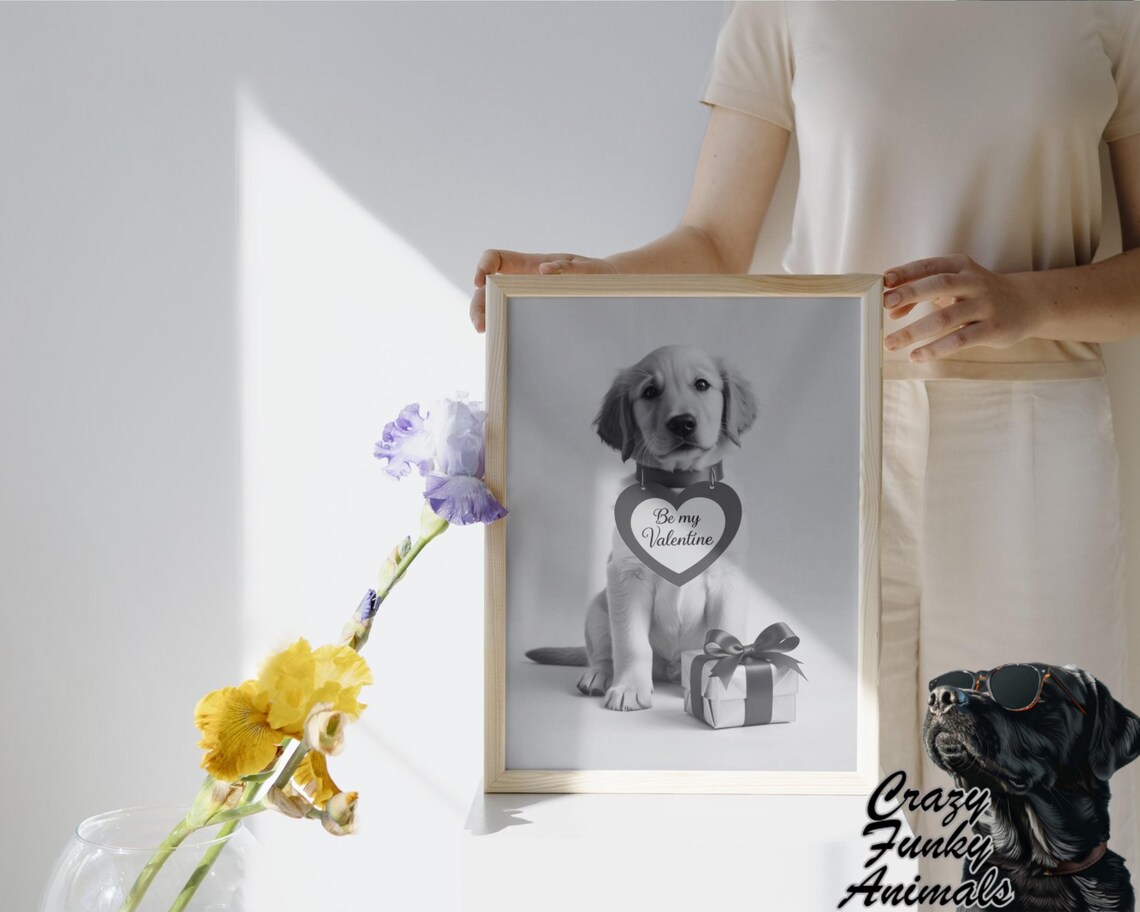 Puppy with Be My Valentine Heart Tag and Gift Box Funny Poster - Image 3