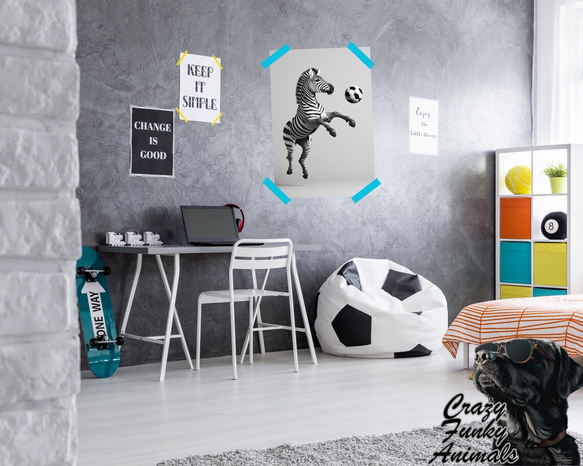 Zebra Rearing Up with a Soccer Ball Funny Sports Black and White Poster - Image 2
