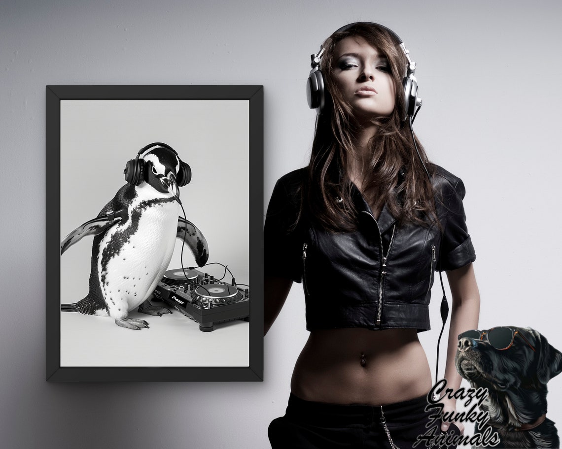 Penguin DJ Wearing Big Headphones at the Turntable Funny Poster - Image 3