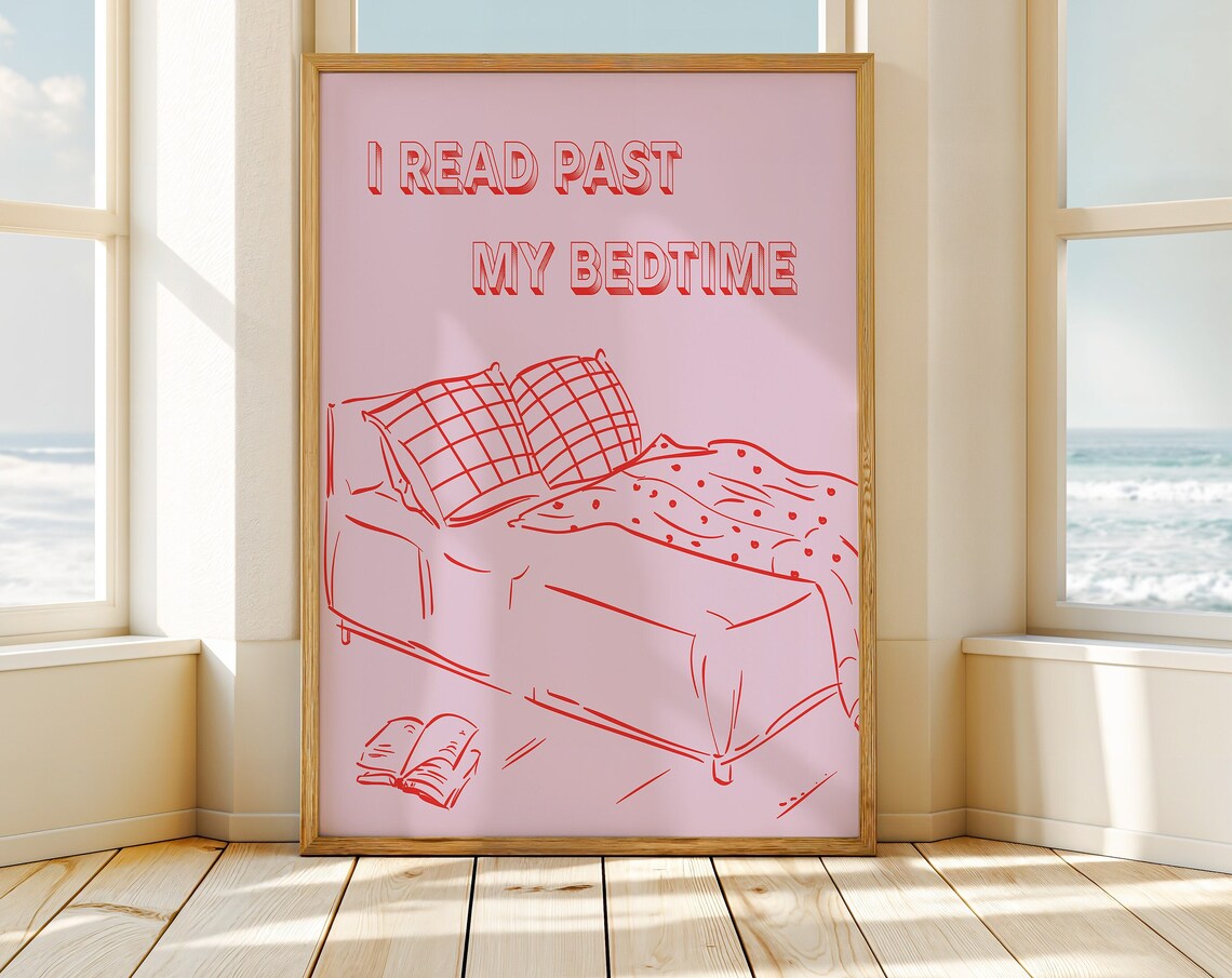 I Read Past My Bedtime Pink Red Cozy Bed Line Art Sketch Poster - Image 4