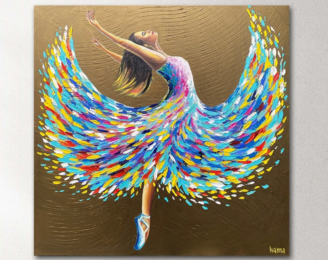 Dancing Ballerina Colorful Feather Skirt Gold Oil Painting Joyful Dancer Poster