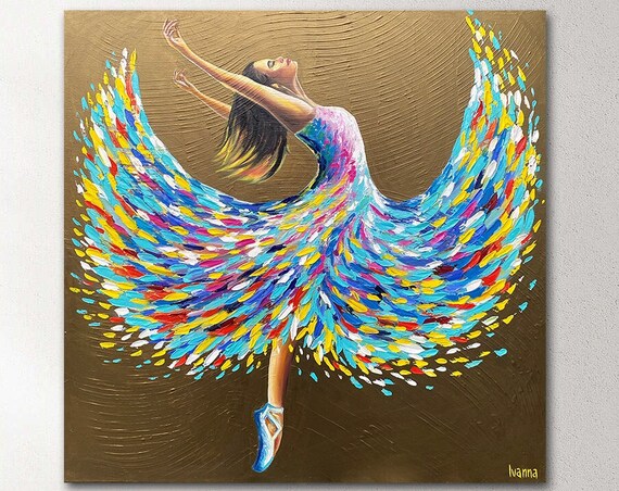 Dancing Ballerina Colorful Feather Skirt Gold Oil Painting Joyful Dancer Poster