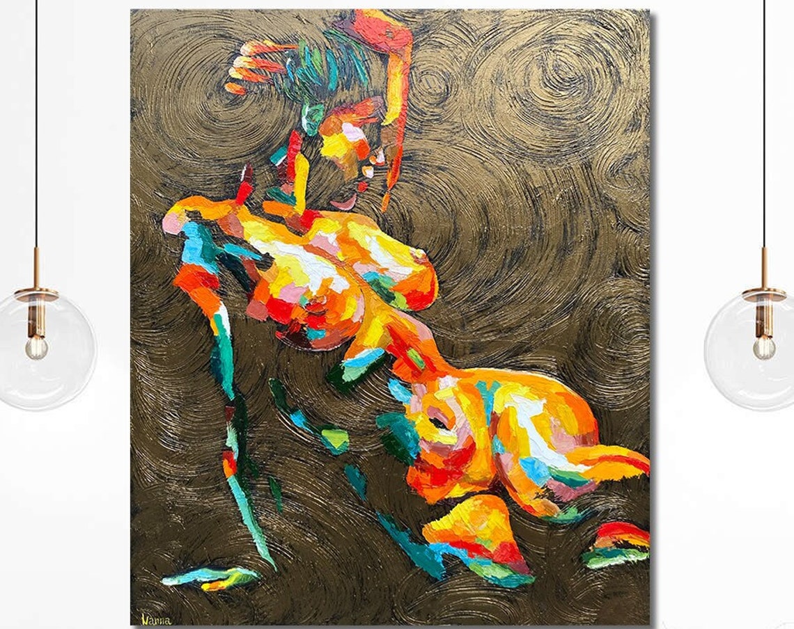 Modern Body Painting Sexy Nude Woman Oil Painting Original Figurative Painting Female Figure Artwork Full Body Painting Gold Body Art