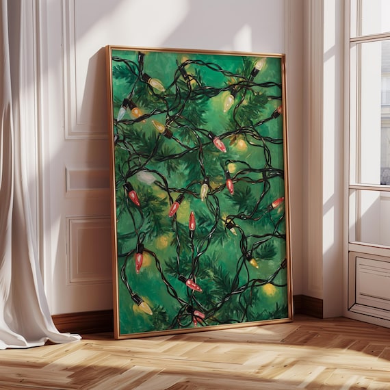 Christmas String Lights Colorful Bulbs on Green Pine Holiday Print