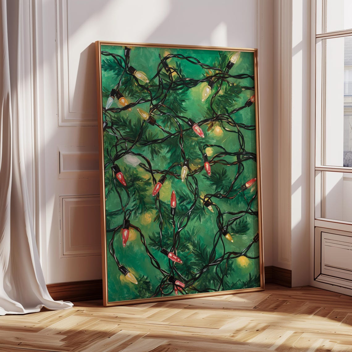 Christmas String Lights Colorful Bulbs on Green Pine Holiday Print