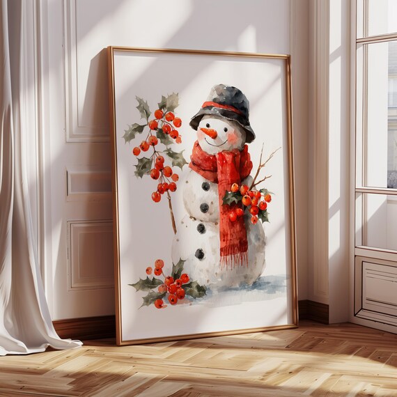Watercolor Snowman Red Scarf Winter Berries Cute Holiday Art Poster