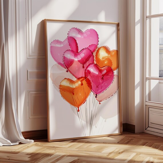 Pink Orange Heart Shaped Balloons Bright Love Valentines Wall Art