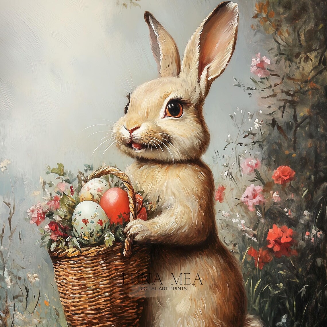 Easter Bunny With Basket Of Eggs Vintage Spring Flower Meadow Rabbit Poster - Image 3