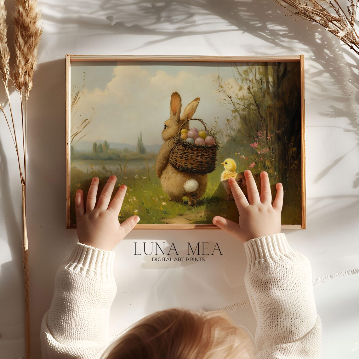 Vintage Easter Bunny Carrying Egg Basket Through Meadow With Chick Art Poster - Image 2
