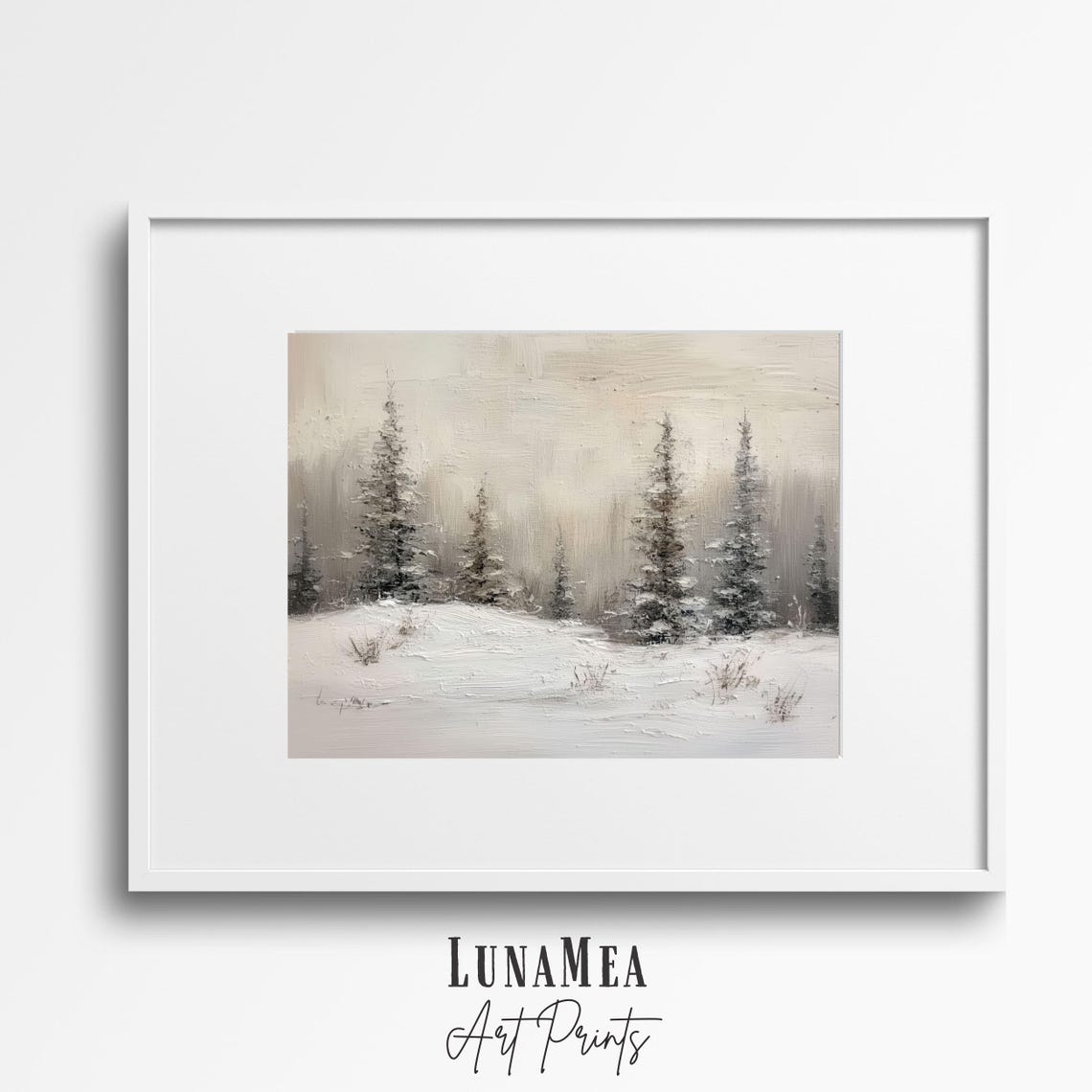 Neutral Winter Forest Snowy Pine Trees Textured Oil Painting Wall Art - Image 2