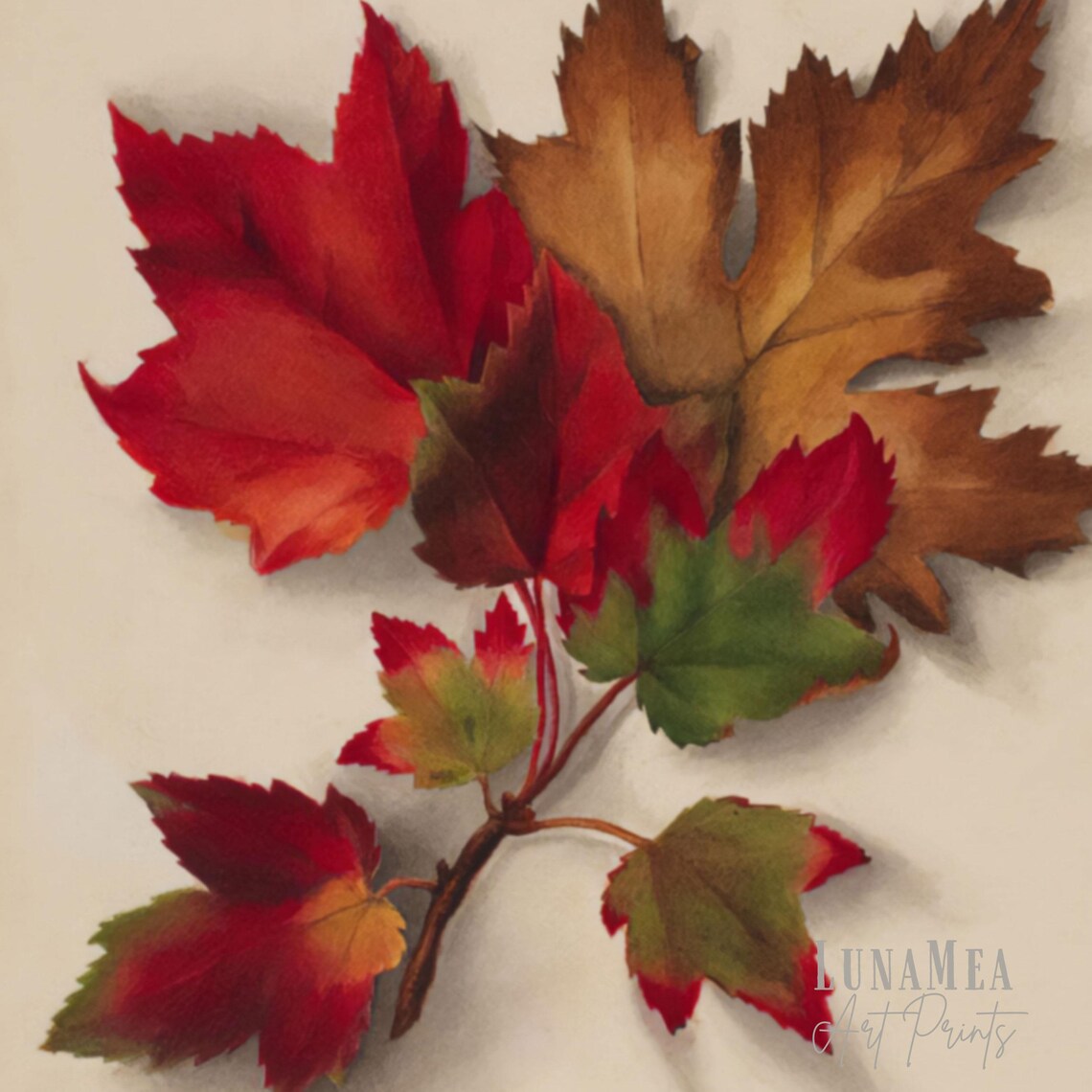 Vintage Fall Foliage Botanical Painting Red Green Autumn Leaves Decor Poster - Image 3