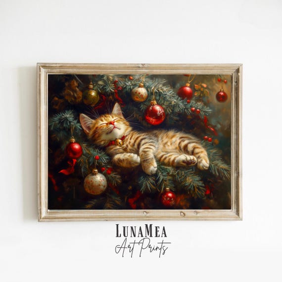 Christmas Cat Art Claude Monet Style Print Painting For Cat Lovers Vintage Cat Christmas Gift For Cat Moms Holiday Wall Art