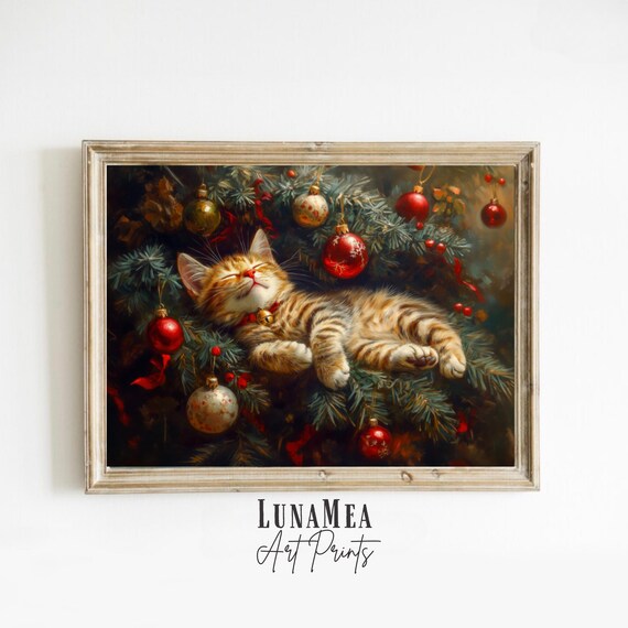 Christmas Cat Sleeping in Tree Vintage Oil Painting Cat Lover Holiday Wall Art