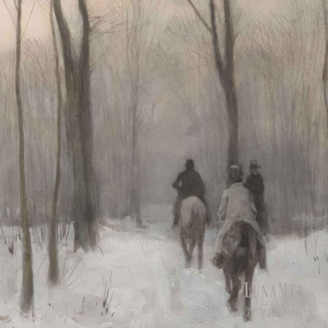 Winter Horse Riders in Snowy Forest Muted Vintage Equestrian Painting Wall Art - Image 3