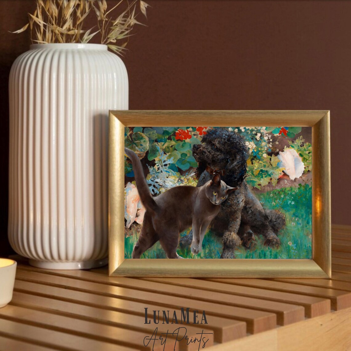 Vintage Oil Painting Black Dog And Gray Cat In Garden Pets Animal Art Poster - Image 2