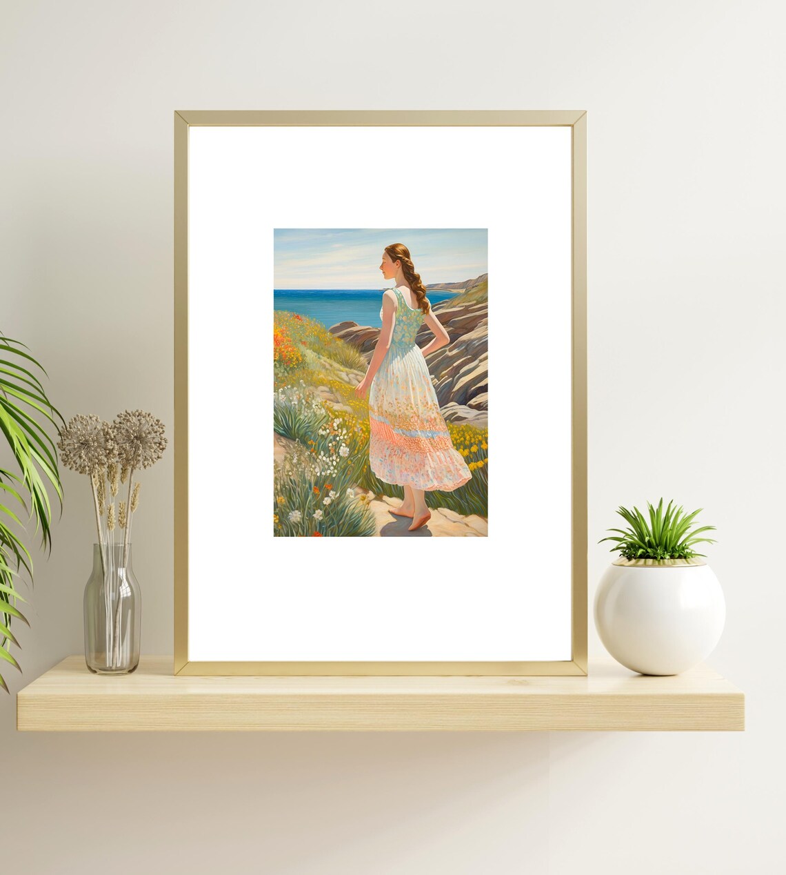 Woman On Rocky Coast Wildflowers Blue Sea Scenic Coastal Art Poster - Image 4