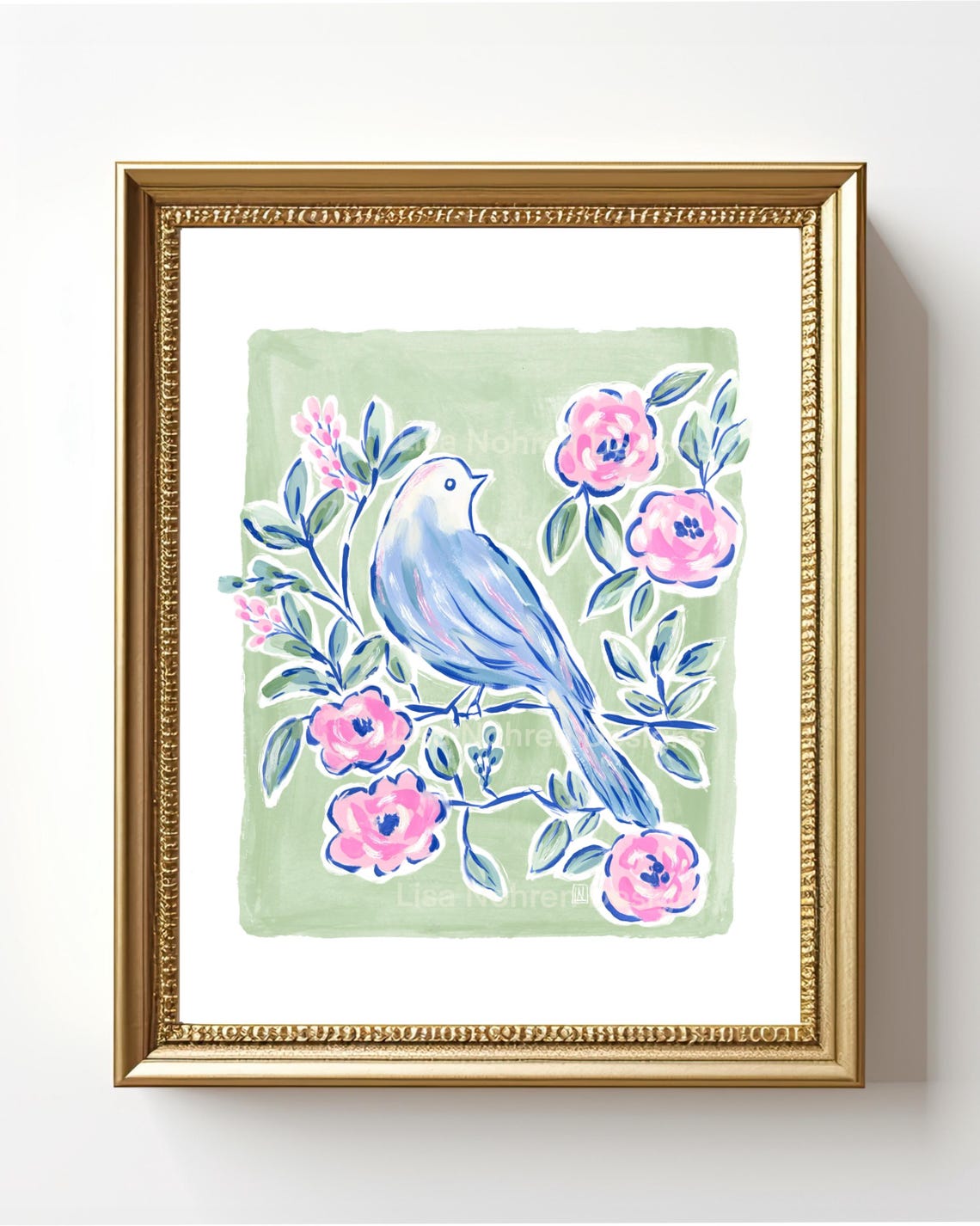 Vibrant Sage Green Chinoiserie Bird Floral Botanical Art Poster