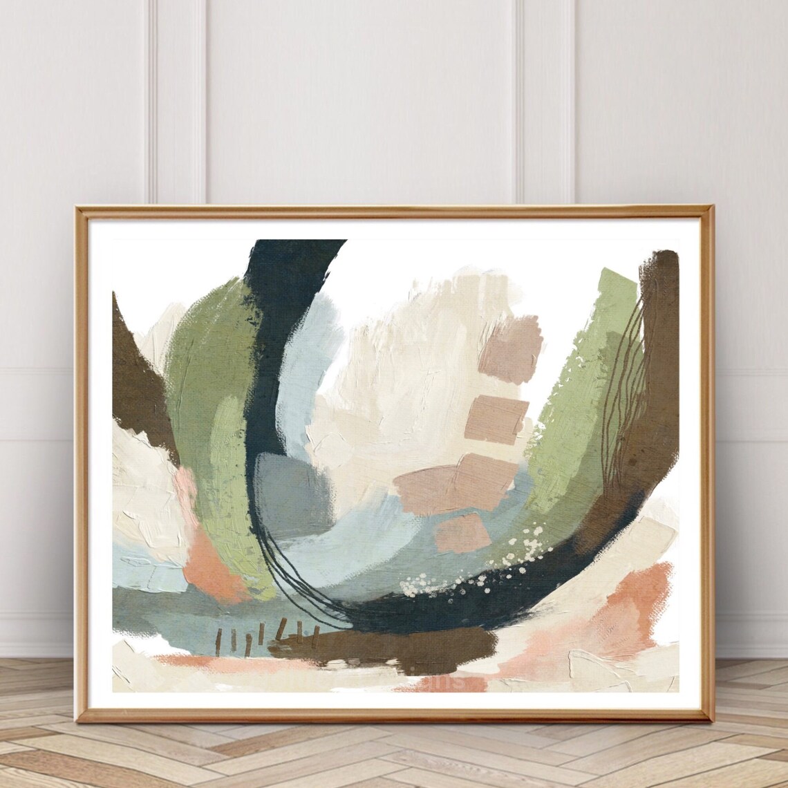 Neutral Blue Green Abstract Painting, Modern Boho