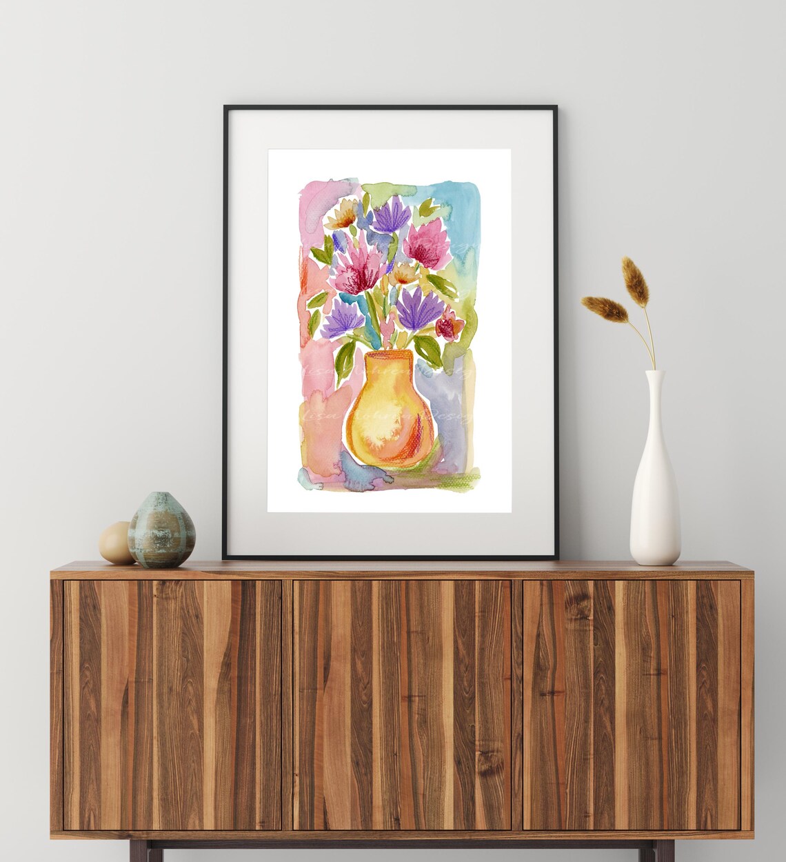 Colorful Floral Bouquet In Yellow Vase Watercolor Art Poster