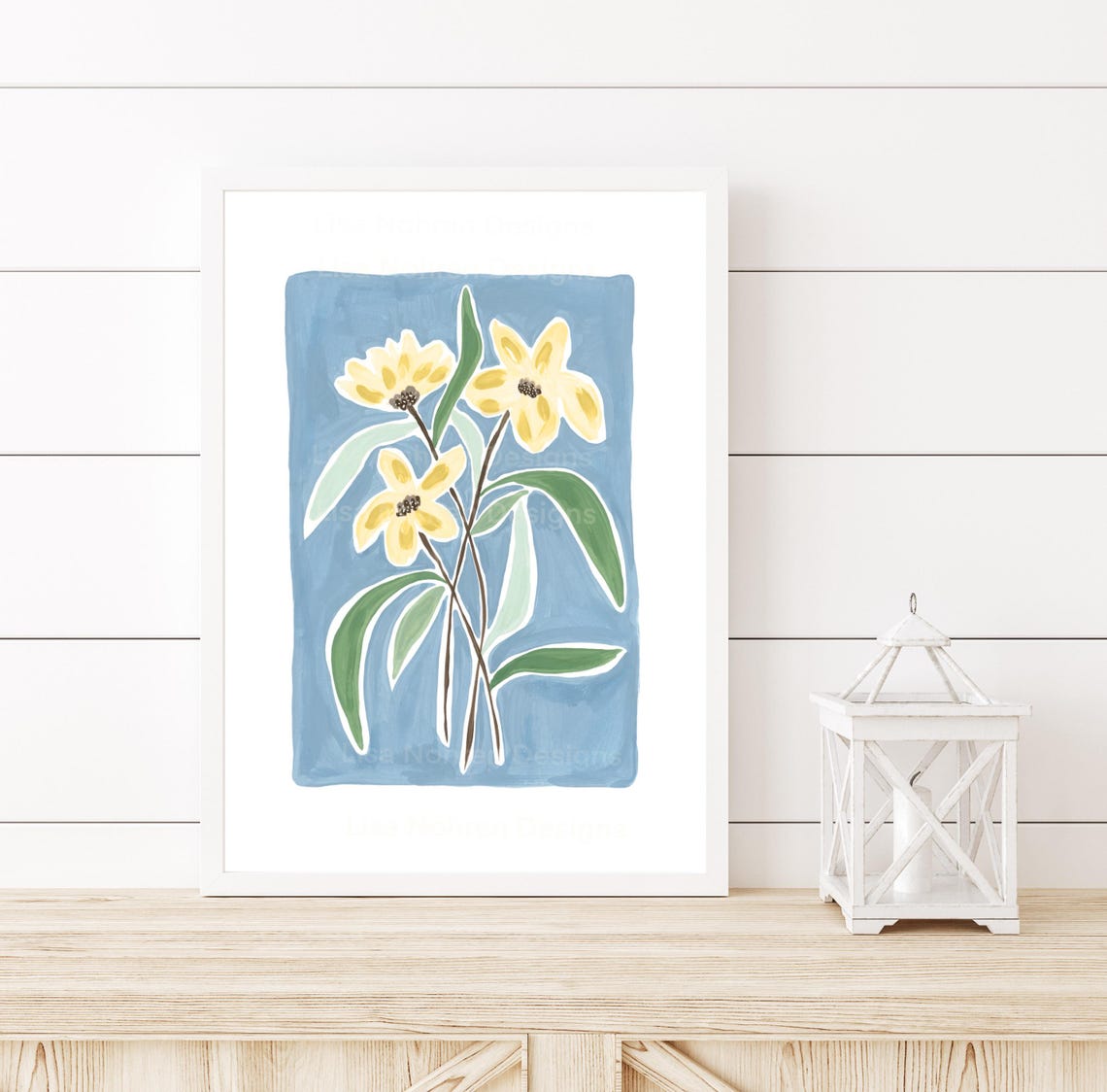Painted Yellow Blooms on Soft Cornflower Blue Floral Art Poster