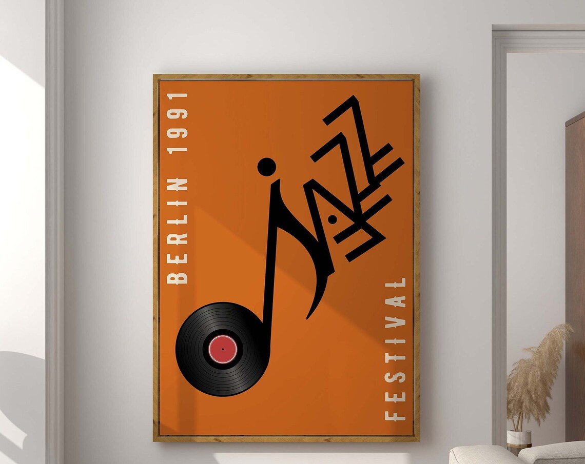 Berlin 1991 Jazz Festival Orange Retro Music Note Vinyl Poster