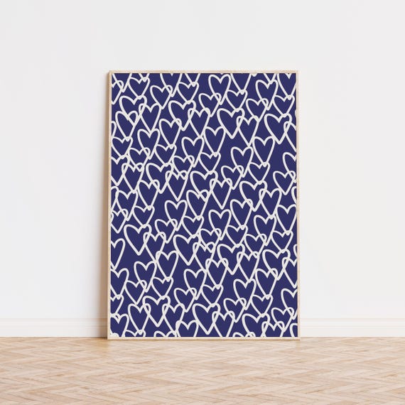 Blue Reverse Heart Print Simple Cute Navy Bar Cart Art Trendy Prints Preppy Room Decor Wall Museum Quality