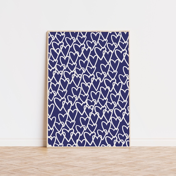 Navy Blue Heart Line Pattern Trendy Preppy Dorm Room Chic Decor Poster
