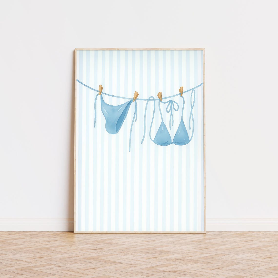 Blue Bikini Watercolor Clothesline Striped Coastal Beach House Poster