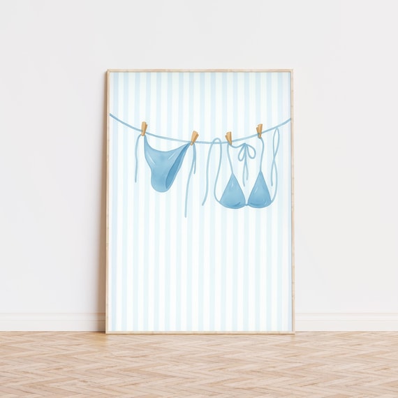 Blue Bikini Watercolor Clothesline Striped Coastal Beach House Poster