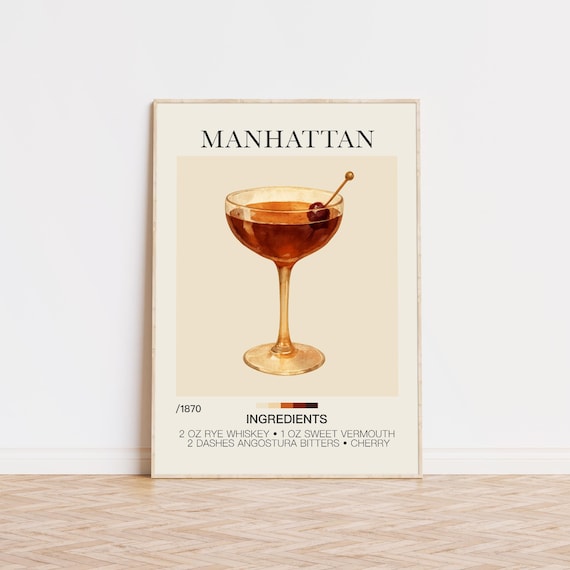Manhattan Cocktail Recipe Watercolor Classic Whiskey Bar Print