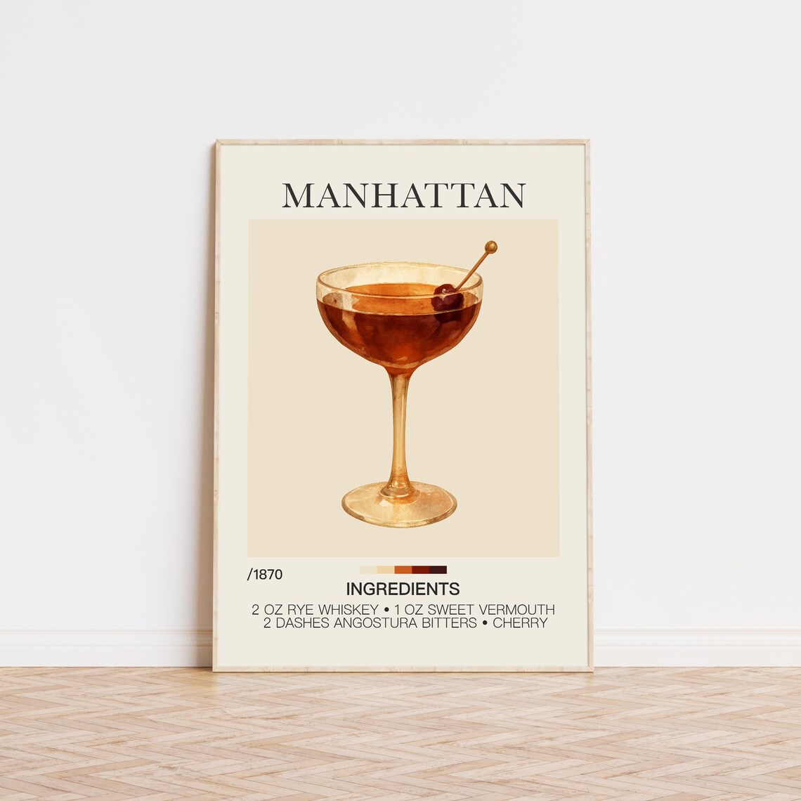 Manhattan Cocktail Recipe Watercolor Classic Whiskey Bar Print