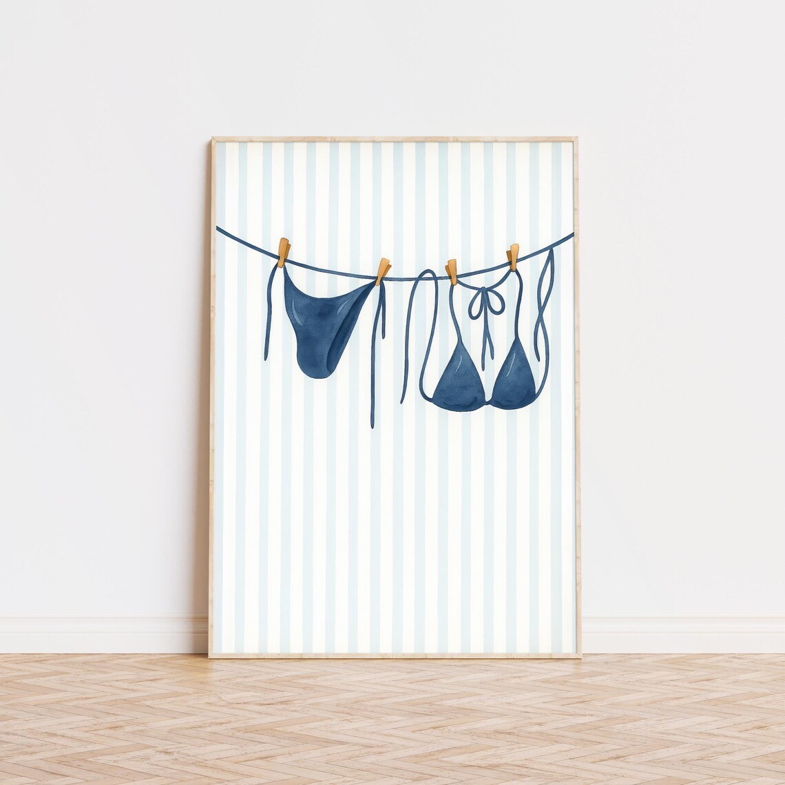 Navy Blue Bikini Print Stripes Beach Poster