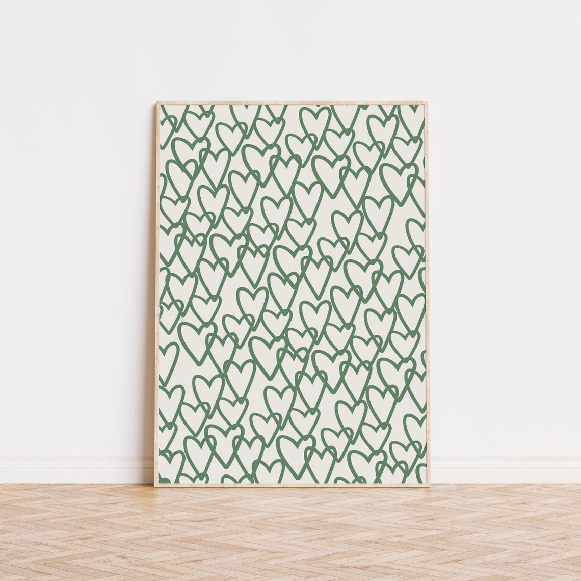 Green Hand Drawn Hearts Pattern Sweet Romantic Wall Decor Print