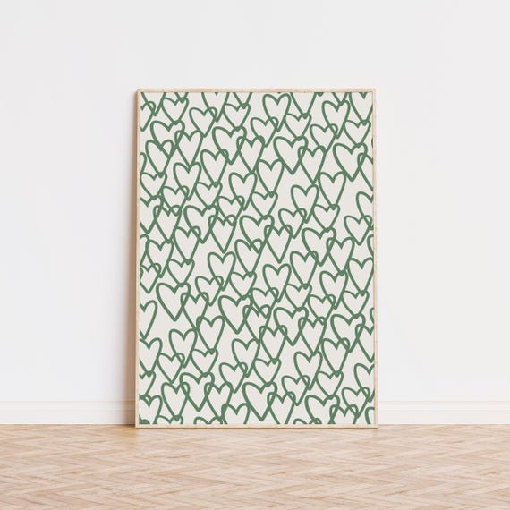 Green Heart Print Simple Cute Bar Cart Art Trendy Prints Preppy Room Decor Wall Museum Quality