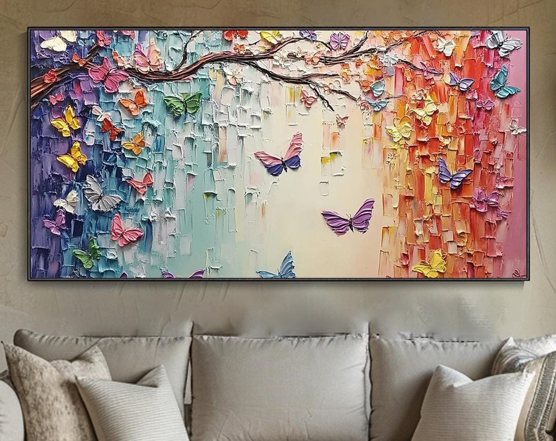Large Art Vibrant Meadow With Butterflie And Wildflowers Oil Painting On Modern Living Room Home Decor Colorful Landscape Art